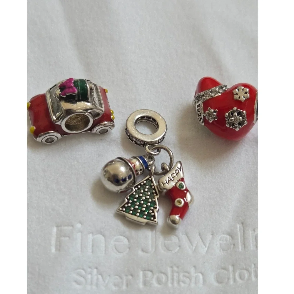 Annmors Christmas Charms Set S925 Sterling Silver Holiday Car‎ Heart Snowman 3pc